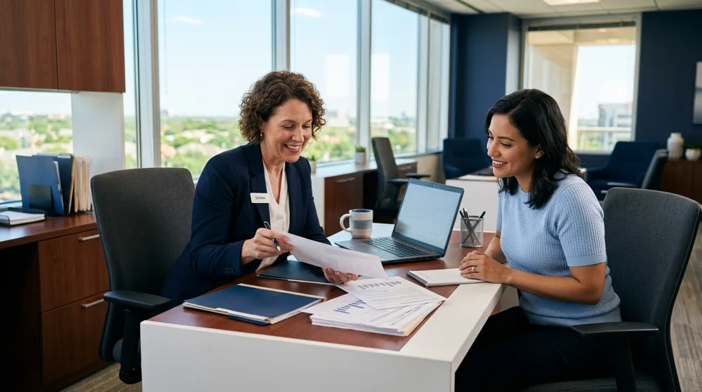A PersonalPro consultant reviewing paperwork with a customer in a modern office