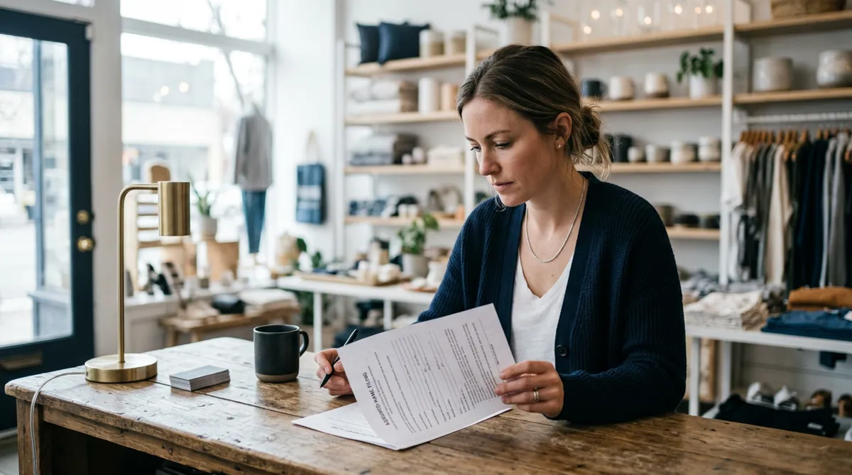 A small business owner reviewing an assumed-name filing document in a storefront