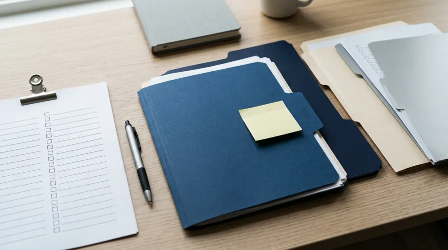 Organized document folders and a checklist representing transparent DMV paperwork pricing