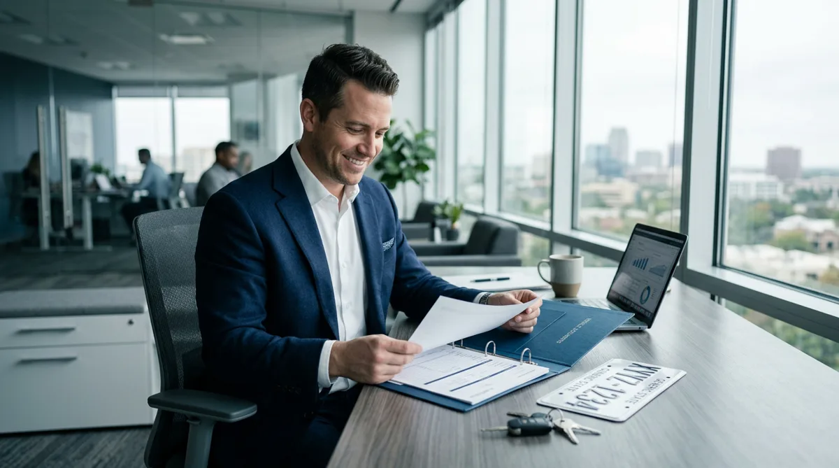 Consultant organizing Texas vehicle registration documents and a license plate at a desk