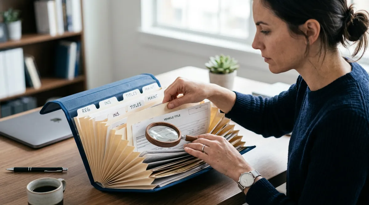 Organized document folder with a magnifying glass, representing a title document search