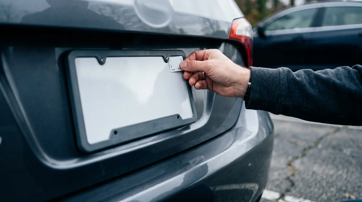 A renewal sticker being applied to the corner of a vehicle license plate