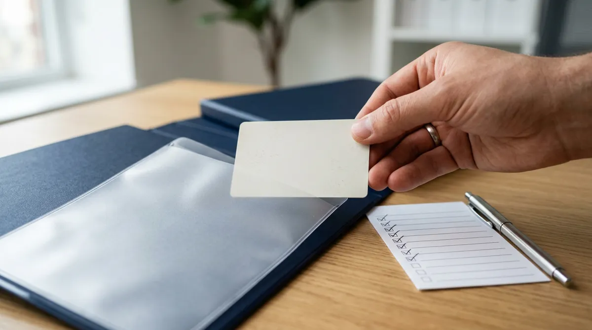 A blank identification card being placed into a clear document sleeve