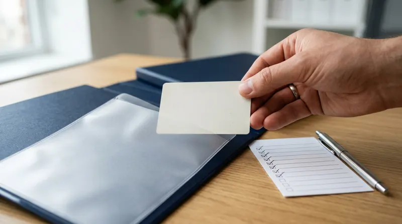 A blank identification card in a document sleeve