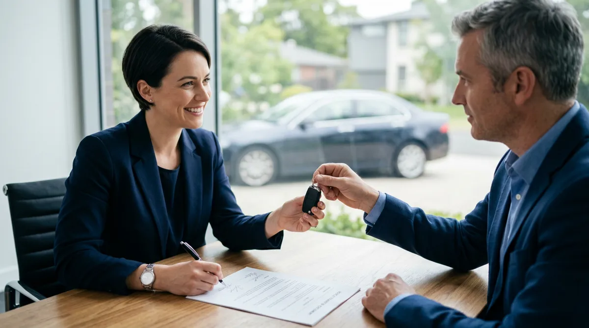 Two people signing a vehicle title transfer document and exchanging keys
